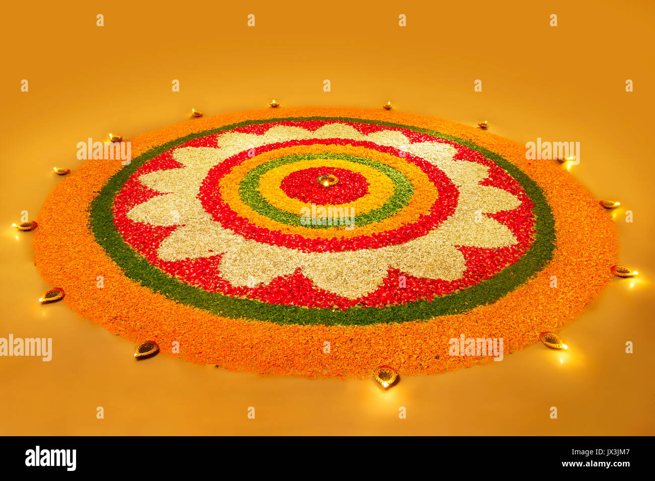 Diwali Festival Occasion Rangoli Decoration Design Flowers Petals With Lamps Stock Photo