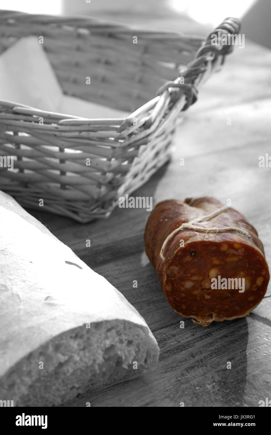 bread and Calabrese soppressata a fiery brawn made in Calabria Stock