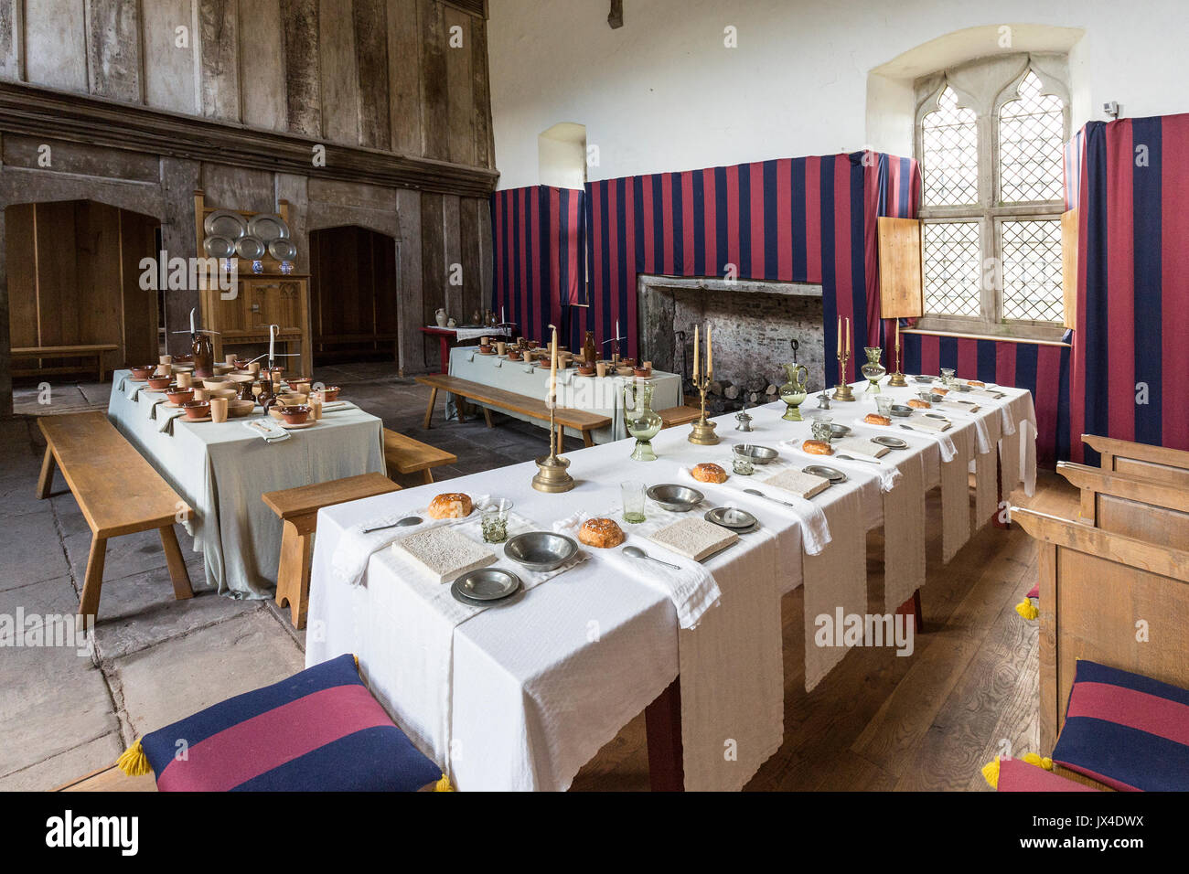 Medieval banquet settings at Tretower Court, Wales, UK Stock Photo