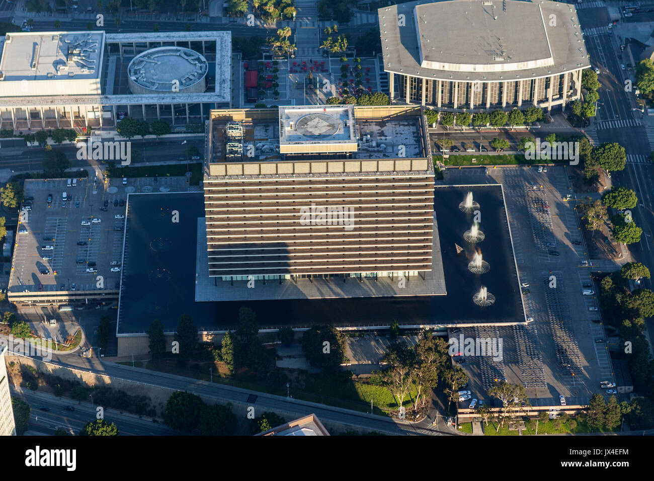 Los Angeles, California, USA - August 7, 2017:  Aerial view of the LA Department of Water and Power headquarters building in downtown. Stock Photo