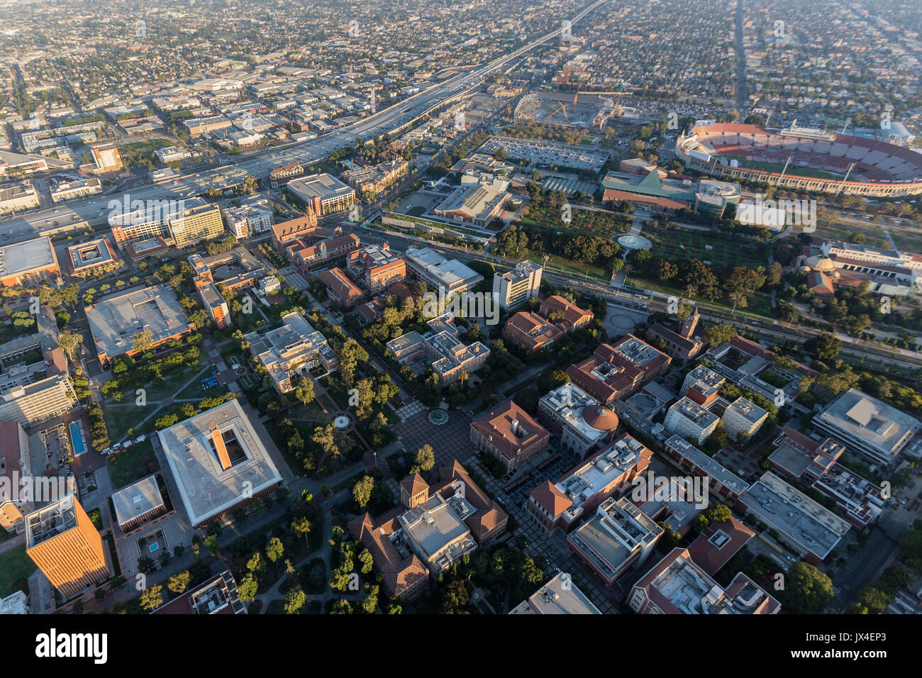 Los Angeles, California, USA - August 7, 2017:  Afternoon aerial view of the University of Southern California campus and Exposition Park. Stock Photo