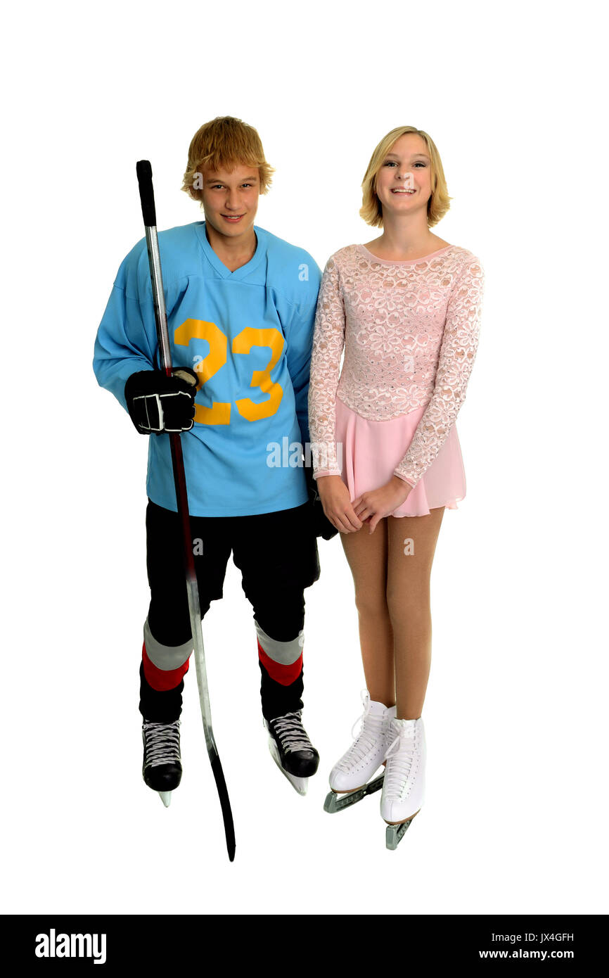 A teenage winter ice sport couple, hockey player and figure skater
