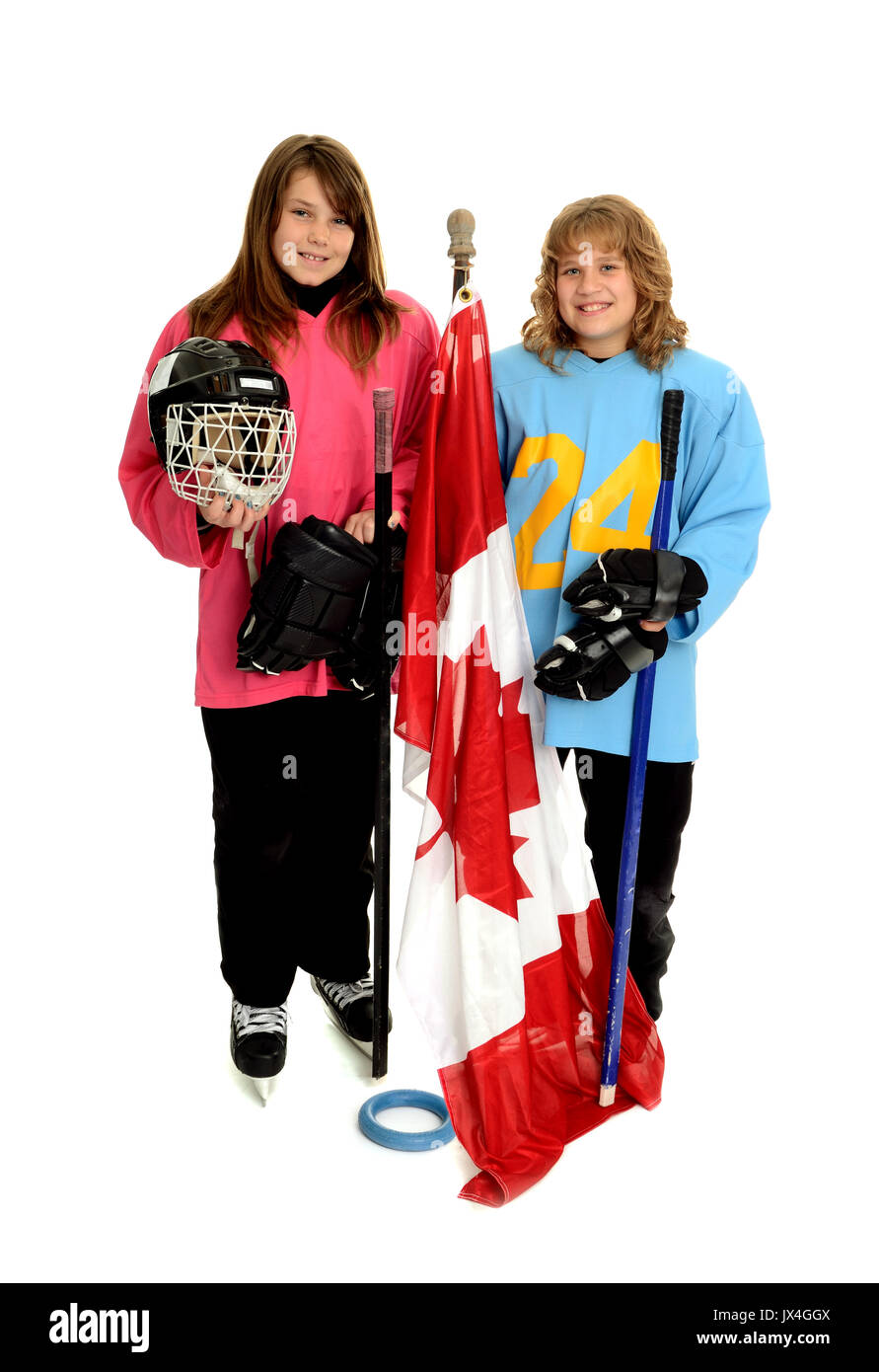 Two tween Canadian Girls with Ringette Equipment Stock Photo