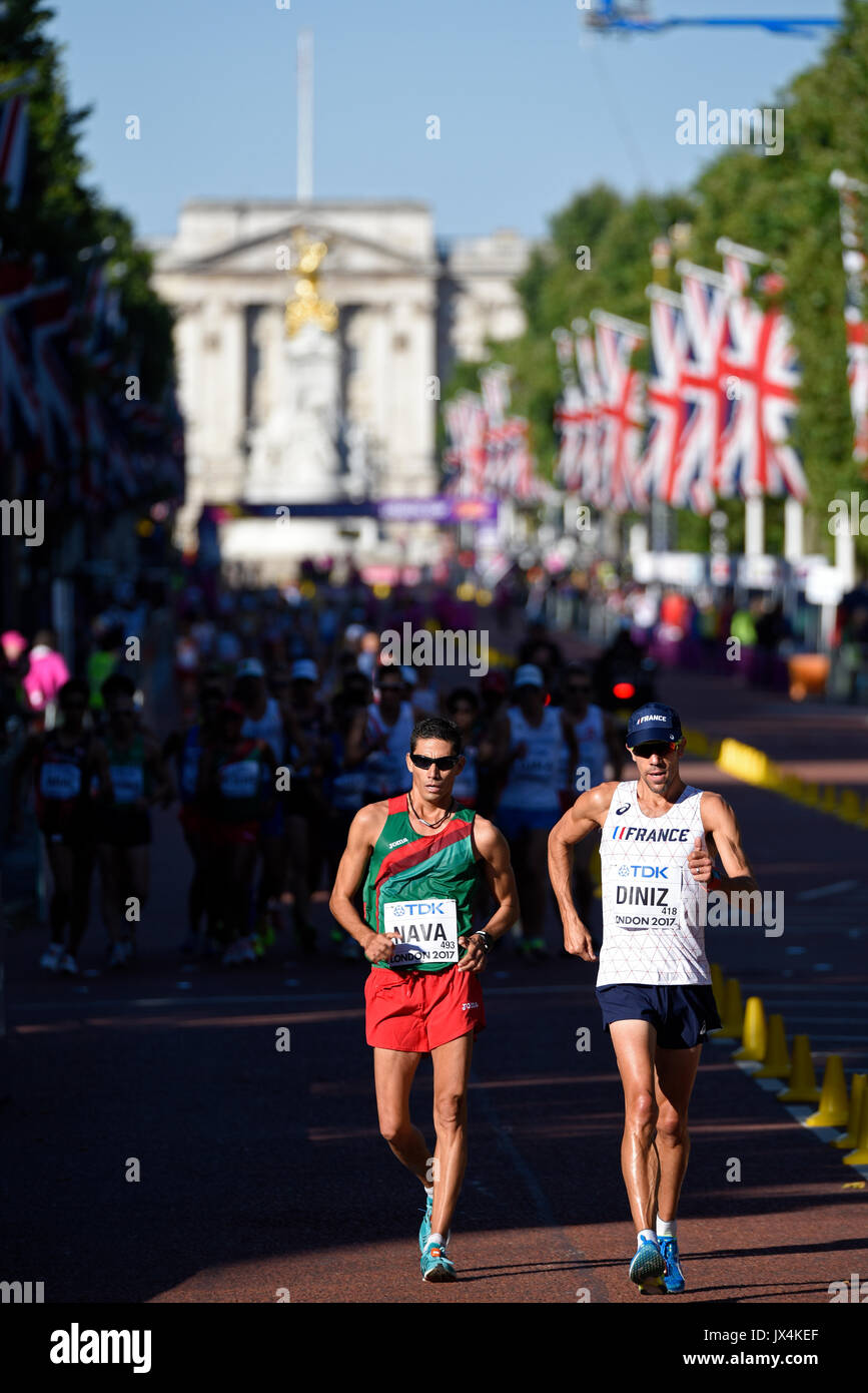 Yohann Diniz of France and Horacio Nava of Mexico competing in the IAAF World Athletics Championships 50k walk in The Mall, London Stock Photo