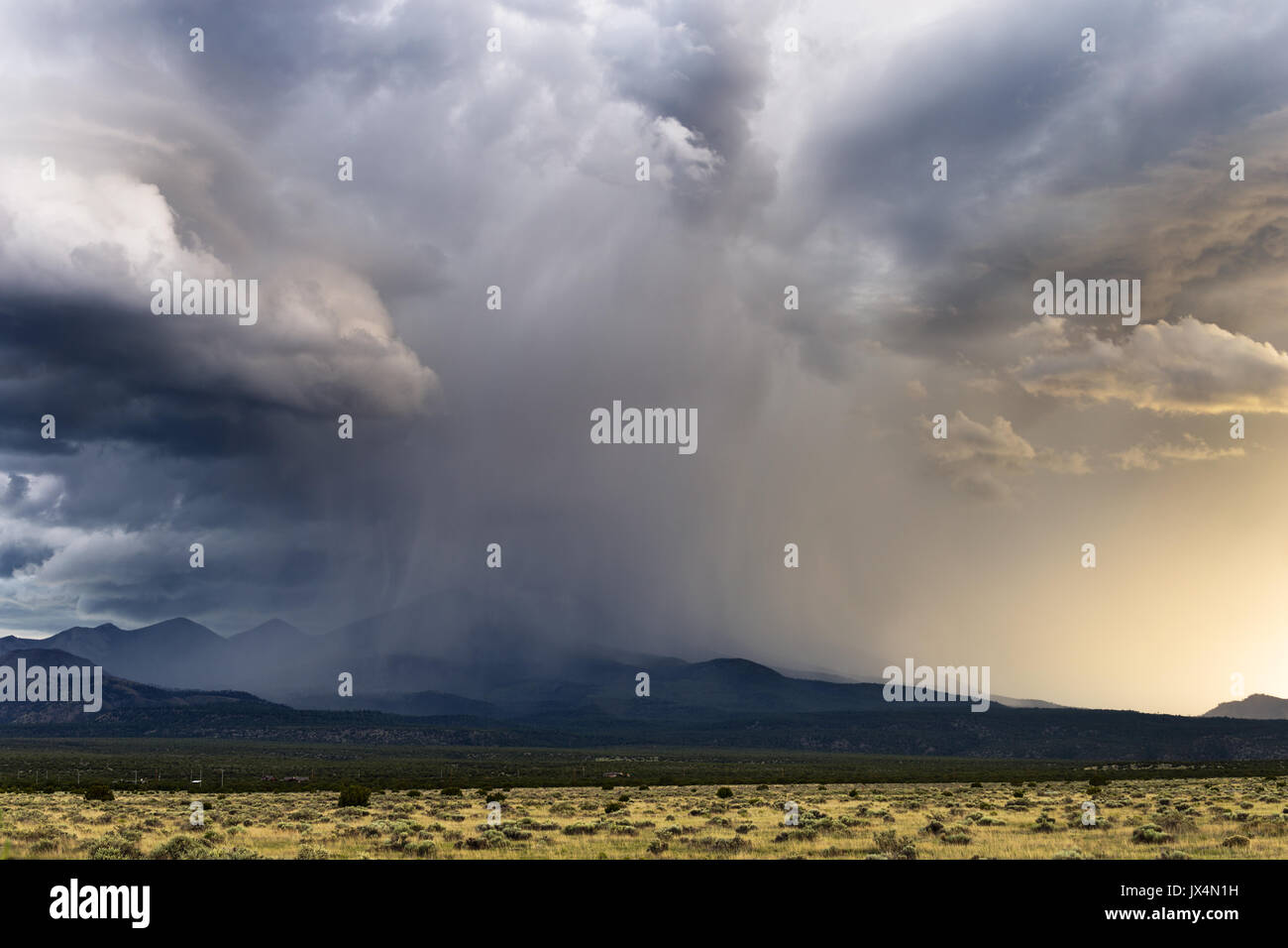 Rain and hail from a thunderstorm over Humphreys Peak in Flagstaff, Arizona Stock Photo