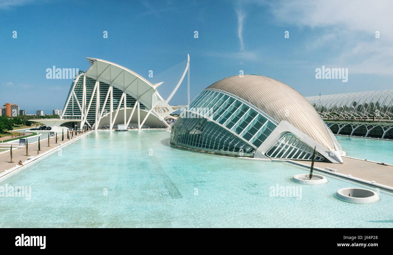 Panoraic view of City of Arts and Sciences. Futuristic modern architectural complex. Hemisferic with its reflection in water. Valencia, Spain Stock Photo