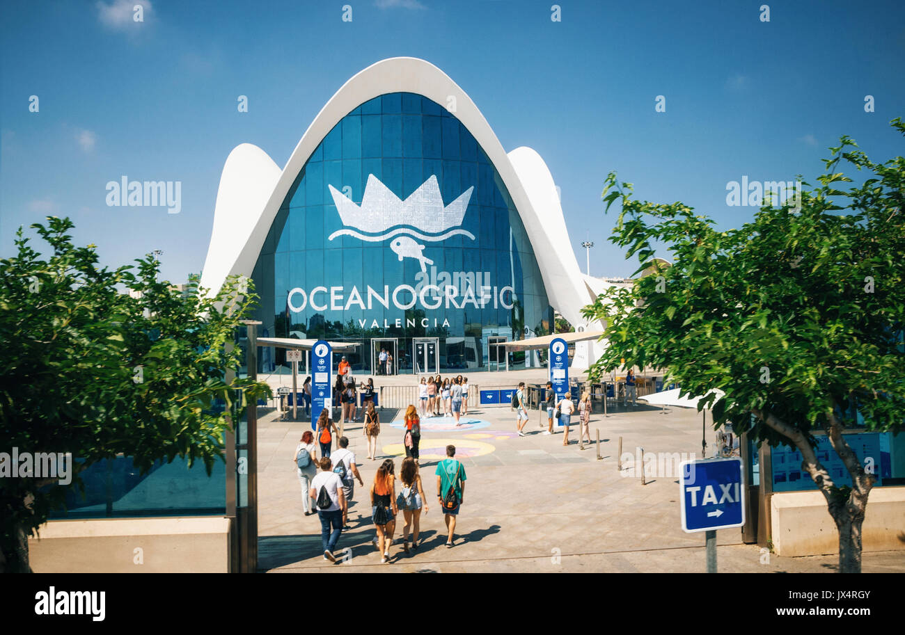 Valencia, Spain - June 2, 2016. People go to the Oceanographic, a marine complex in Valencia, Spain. Part of City of Arts and Sciences Stock Photo