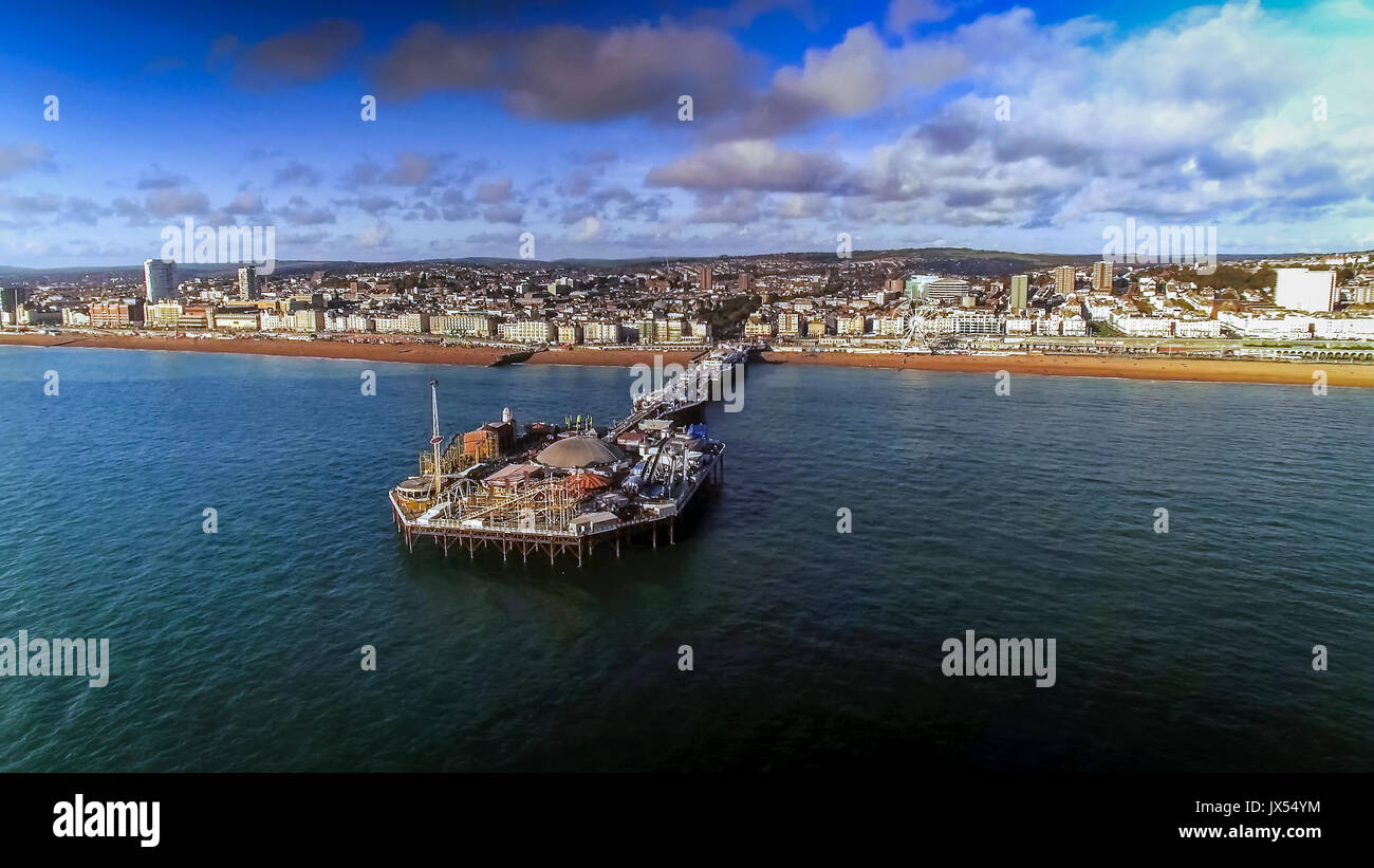 Aerial View Of Pier And Beach In Brighton East Sussex England UK Stock Photo