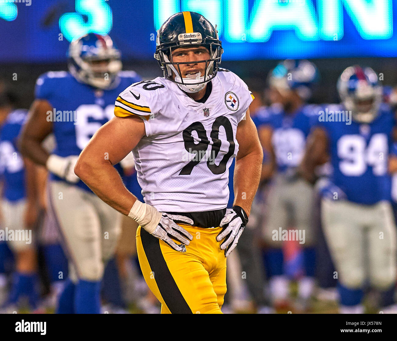 East Rutherford, New Jersey, USA. 11th Aug, 2017. Steelers' linebacker T.J.  Watt (90) during NFL pre-season action between the Pittsburgh Steelers and  the New York Giants at MetLife Stadium in East Rutherford