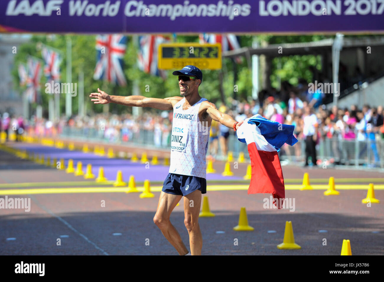 London, UK.  13 August 2017. Yohann Diniz (FRA) celebrates after winning the men's race. Race walkers take part in the 50km mixed race walk in The Mall, on day ten of The IAAF World Championships London 2017.   The route takes in The Mall, Buckingham Palace and Admiralty Arch.    Credit: Stephen Chung / Alamy Live News Stock Photo
