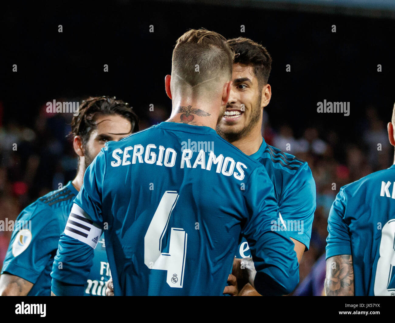 Camp Nou Stadium, Barcelona, Spain. 13th of August, 2017. Super Cup of Spain between FC Barcelona and Real Madrid. Asensio celebrates his goal with Sergio Ramos. Credit: David Ramírez/Alamy Live News Stock Photo