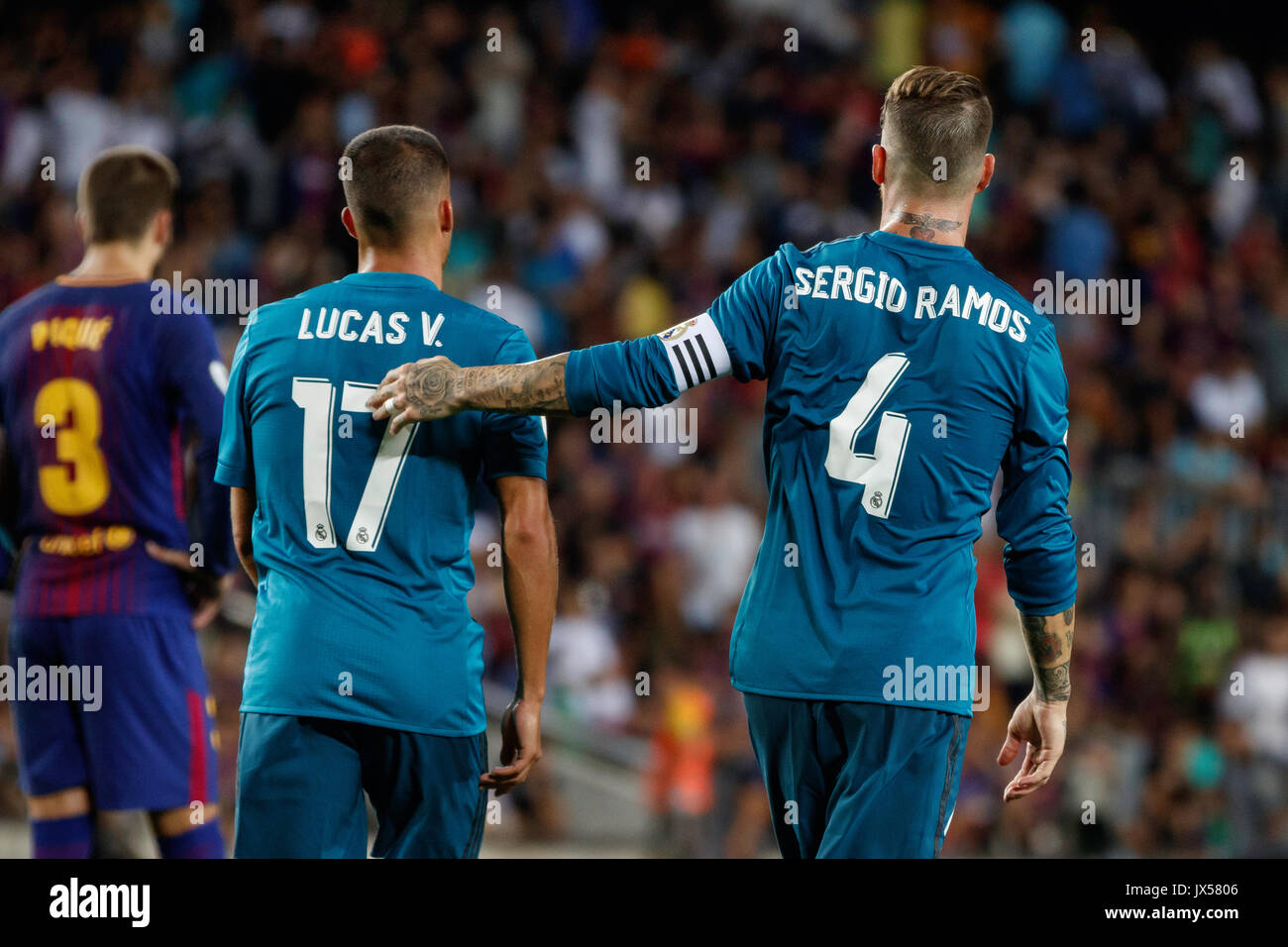 Camp Nou Stadium, Barcelona, Spain. 13th of August, 2017. Super Cup of Spain between FC Barcelona and Real Madrid. Sergio Ramos with Lucas Vázquez Credit: David Ramírez/Alamy Live News Stock Photo