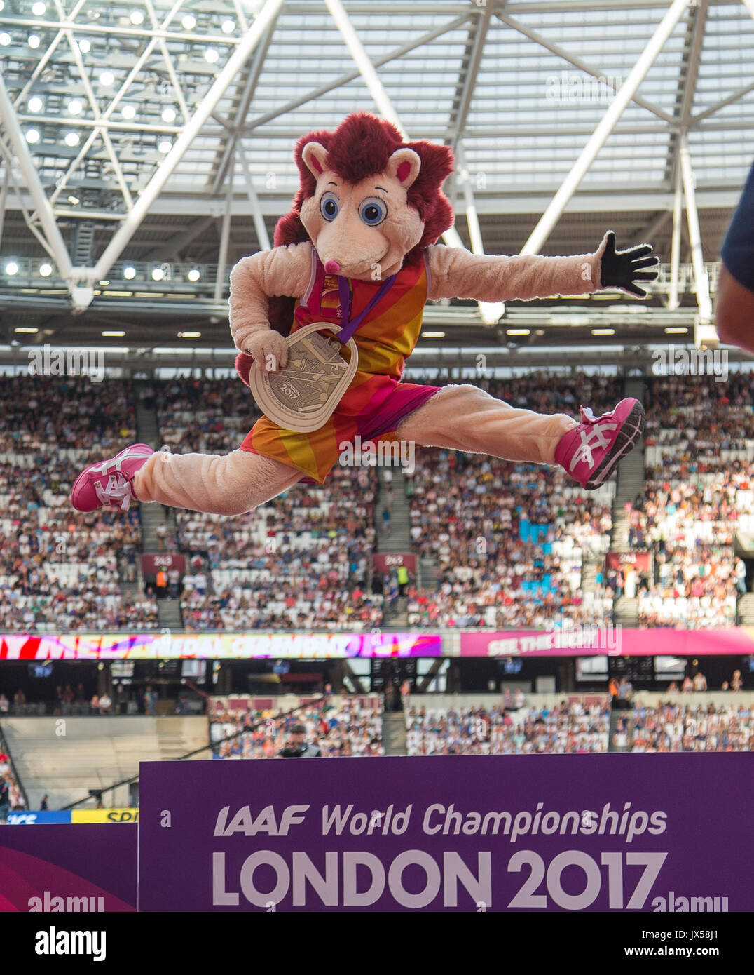 London, UK. 13th Aug, 2017. HERO the Hedgehog mascot celebrates after collecting a Gold Medal as best ever mascot at a World Athletics Games during the Final Day of the IAAF World Athletics Championships (Day 10) at the Olympic Park, London, England on 13 August 2017. Photo by Andy Rowland/PRiME Media Images./Alamy Live News Stock Photo