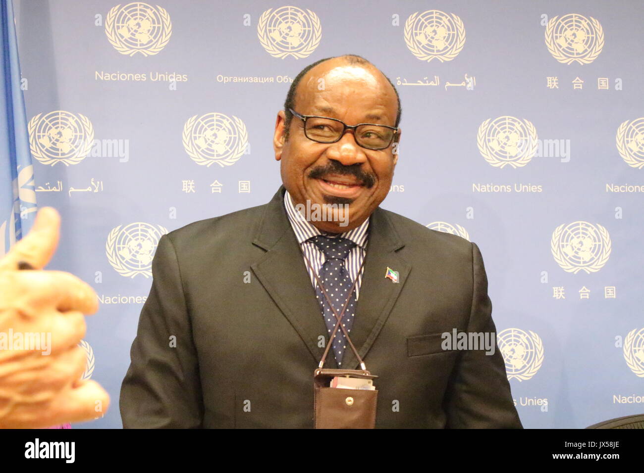 UN, New York, USA. 14th August, 2017. Equatorial Guinea Ambassador Ndong Mba criticized the embezzlement case in France against his Vice President Teodorin Obiang. Photo: Matthew Russell Lee / Inner City Press/Alamy Live News Stock Photo