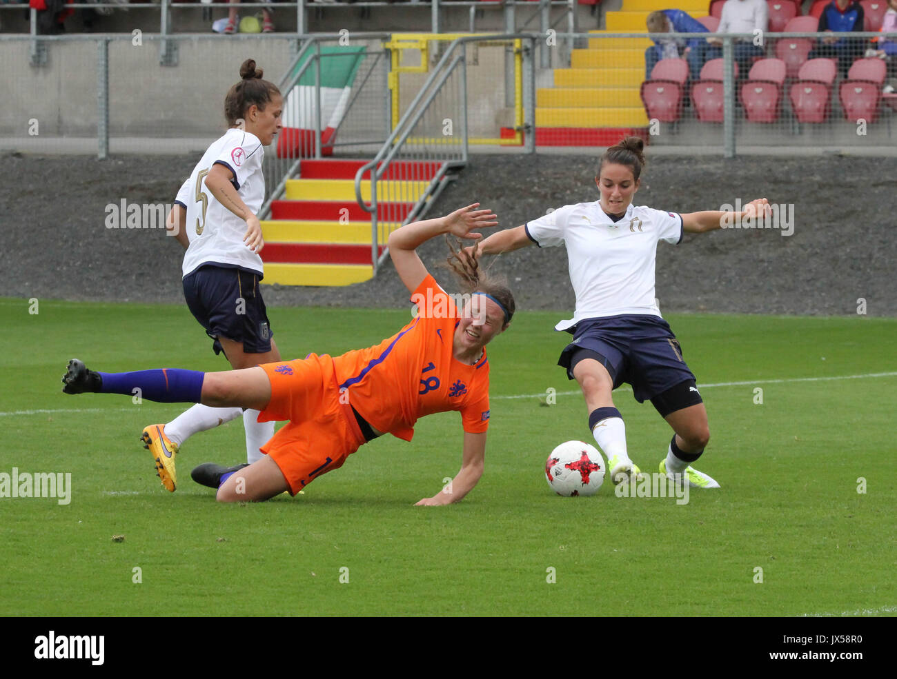 Shamrock Park, Portadown, Northern Ireland. 14 August 2017. UEFA Women's Under-19 Championship Group B – Netherlands v Italy. Penalty - as Fenna Kalma is fouled by Italy's Alice Tortelli. Credit: David Hunter/Alamy Live News. Stock Photo