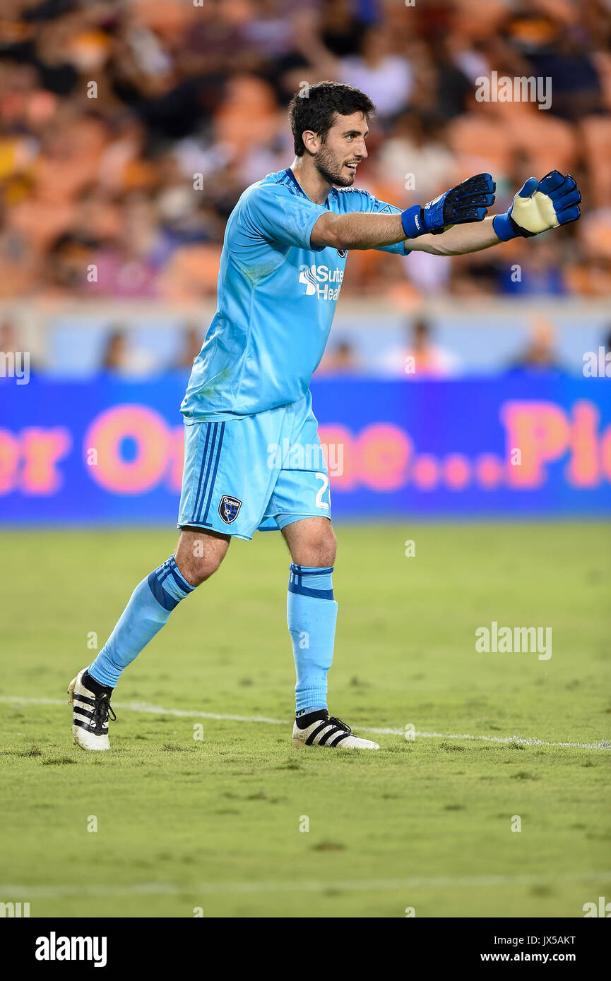 August 12, 2017: San Jose Earthquakes goalkeeper Andrew Tarbell (28) directs his team from the goal during a Major League Soccer game between the Houston Dynamo and the San Jose Earthquakes at BBVA Compass Stadium in Houston, TX. Chris Brown/CSM Stock Photo