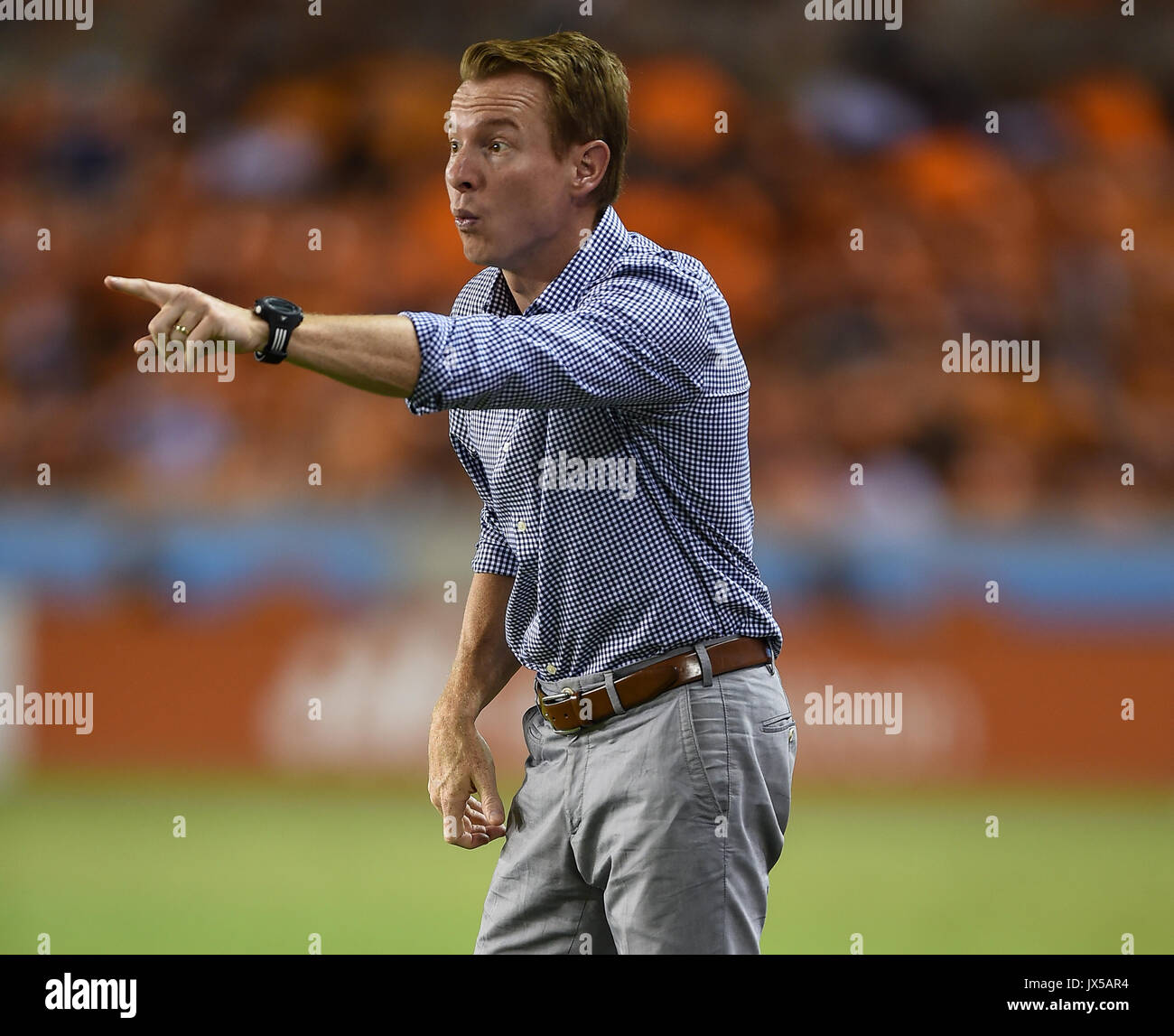 August 12, 2017: San Jose head coach Chris Leitch directs his team from the sideline during a Major League Soccer game between the Houston Dynamo and the San Jose Earthquakes at BBVA Compass Stadium in Houston, TX. Chris Brown/CSM Stock Photo