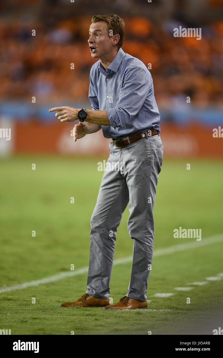 August 12, 2017: San Jose head coach Chris Leitch directs his team from the sideline during a Major League Soccer game between the Houston Dynamo and the San Jose Earthquakes at BBVA Compass Stadium in Houston, TX. Chris Brown/CSM Stock Photo