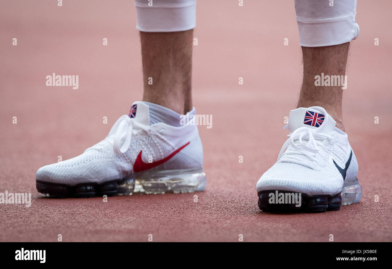 The Great Britain's 4x100m relay team wear Union Jack Nike shoes ahead of  the medal presentation during the Final Day of the IAAF World Athletics  Championships (Day 10) at the Olympic Park,