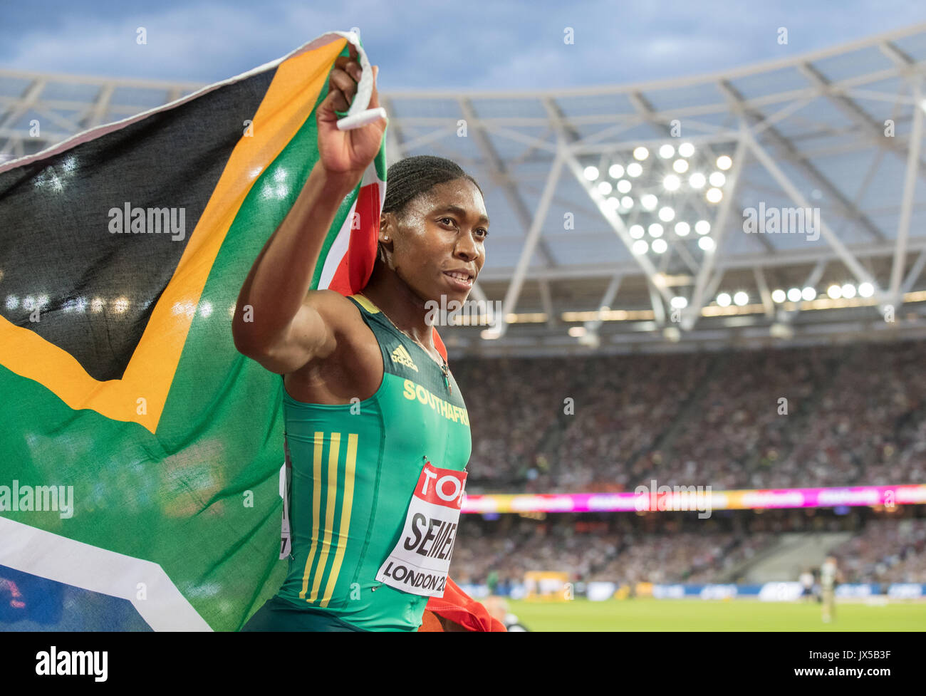 Caster SEMENYA of South Africa celebrates winning her Gold Medal in the Women's 800 metres Final during the Final Day of the IAAF World Athletics Championships (Day 10) at the Olympic Park, London, England on 13 August 2017. Photo by Andy Rowland / PRiME Media Images. Stock Photo