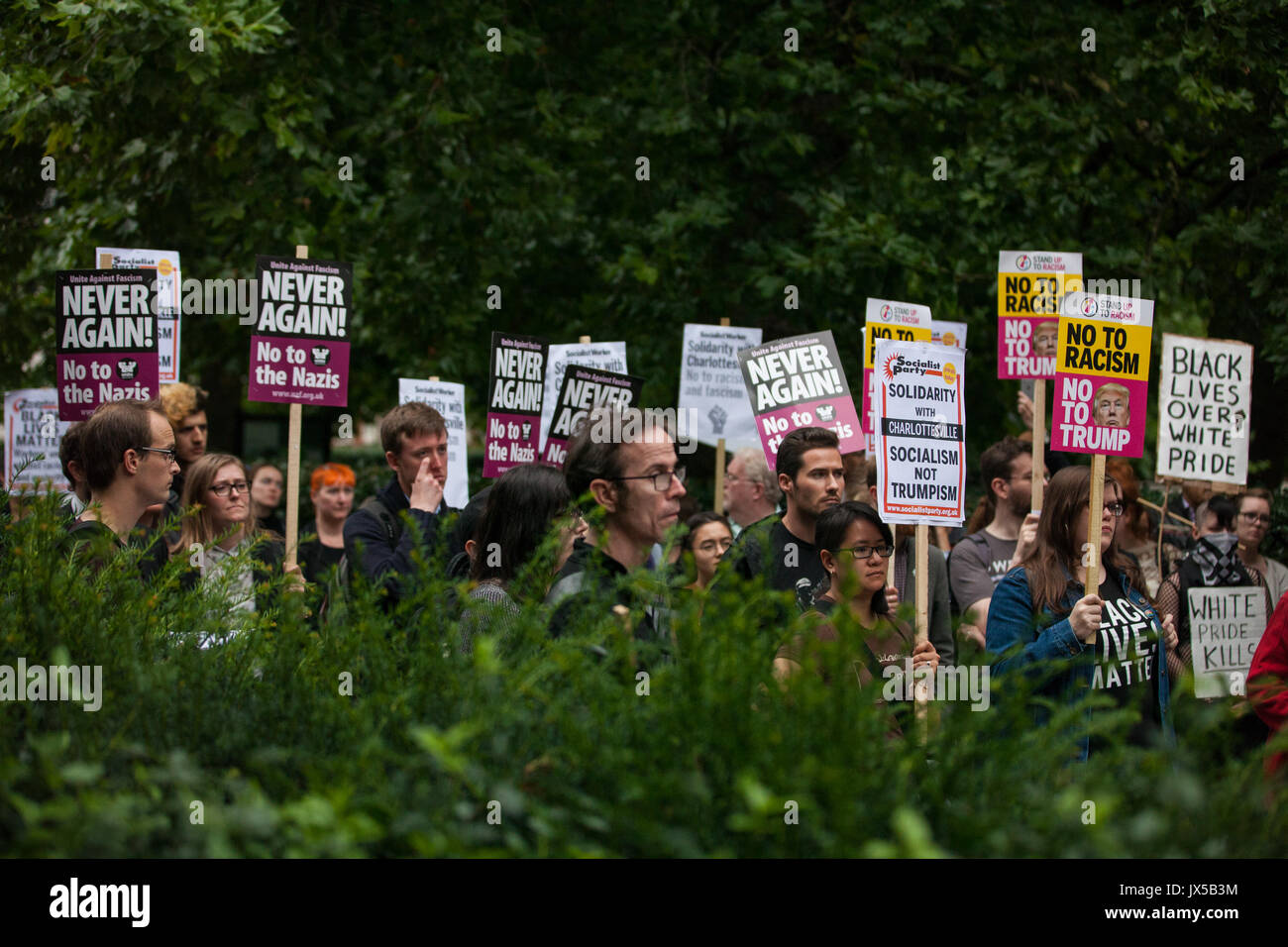 London, UK. 14th August, 2017. Supporters of Unite Against Fascism hold a vigil outside the US embassy in solidarity with anti-fascists in Charlottesville, Virginia, and in memory of Heather Heyer who was killed when a car was driven at people protesting against a white nationalist march. Credit: Mark Kerrison/Alamy Live News Stock Photo