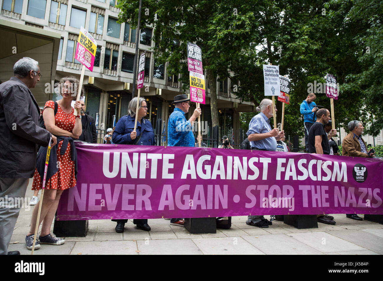 London, UK. 14th August, 2017. Supporters of Unite Against Fascism hold a vigil outside the US embassy in solidarity with anti-fascists in Charlottesville, Virginia, and in memory of Heather Heyer who was killed when a car was driven at people protesting against a white nationalist march. Credit: Mark Kerrison/Alamy Live News Stock Photo