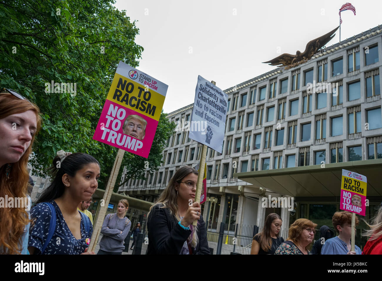 US Embassy: London, UK. 14th August, 2017. Supporters of Unite Against Fascism holding a vigil outside the US embassy in solidarity with anti-fascists in Charlottesville, Virginia, and in memory of Heather Heyer who was killed during an attack on anti-fascists there by a white supremacist. Credit: See Li/Alamy Live News Stock Photo