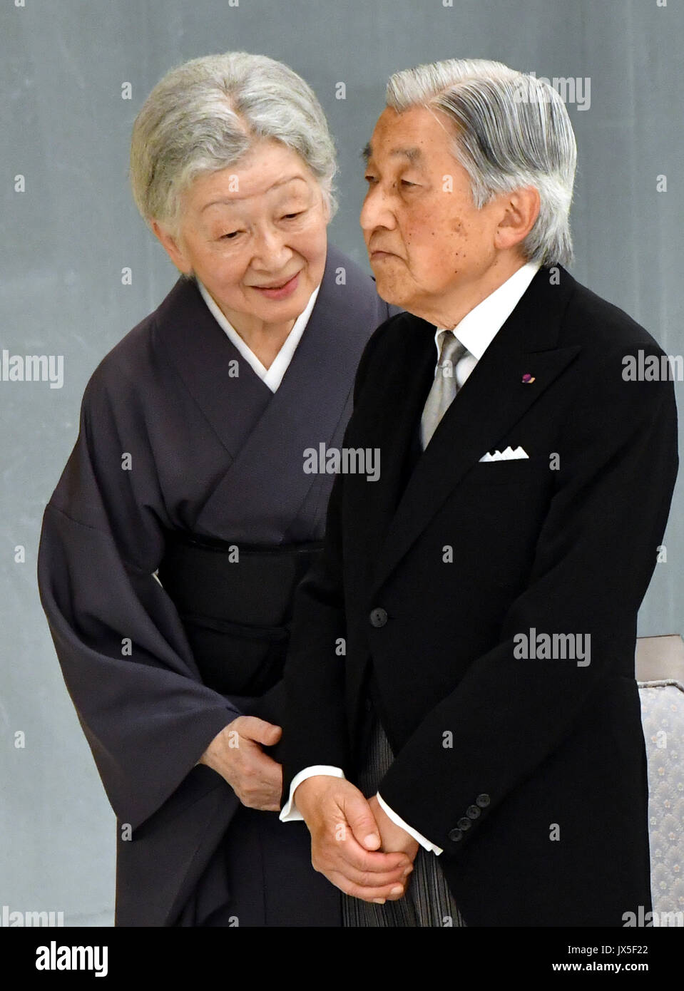 Tokyo, Japan. 15th Aug, 2017. Japans Emperor Akihito, accompanied by Empress Michiko, attends a government-sponsored ceremony marking the 72nd anniversary of the end of World War II at Tokyos Nippon Budokan martial arts hall on Tuesday, August 15, 2017. Credit: Natsuki Sakai/AFLO/Alamy Live News Stock Photo