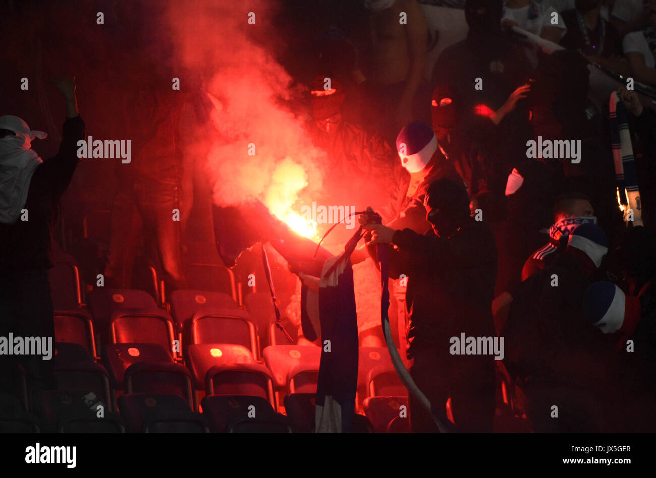 Ostsee Stadium in Rostock, Germany, 14 August 2017. Rostock hooligans