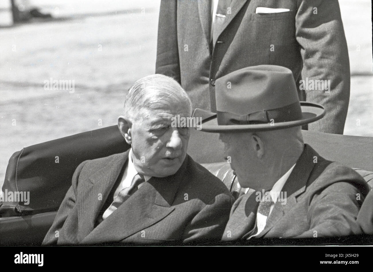 United States President Dwight D. Eisenhower, right, rides in a limosine with President Charles de Gaulle of France, left, following an arrival ceremony at Washington National Airport in Washington, DC on April 22, 1960. President de Gaulle is in Washington for a four-day official visit. Credit: Benjamin E. 'Gene' Forte/CNP Photo: Benjamin E. 'gene' Forte/Consolidated/dpa Stock Photo