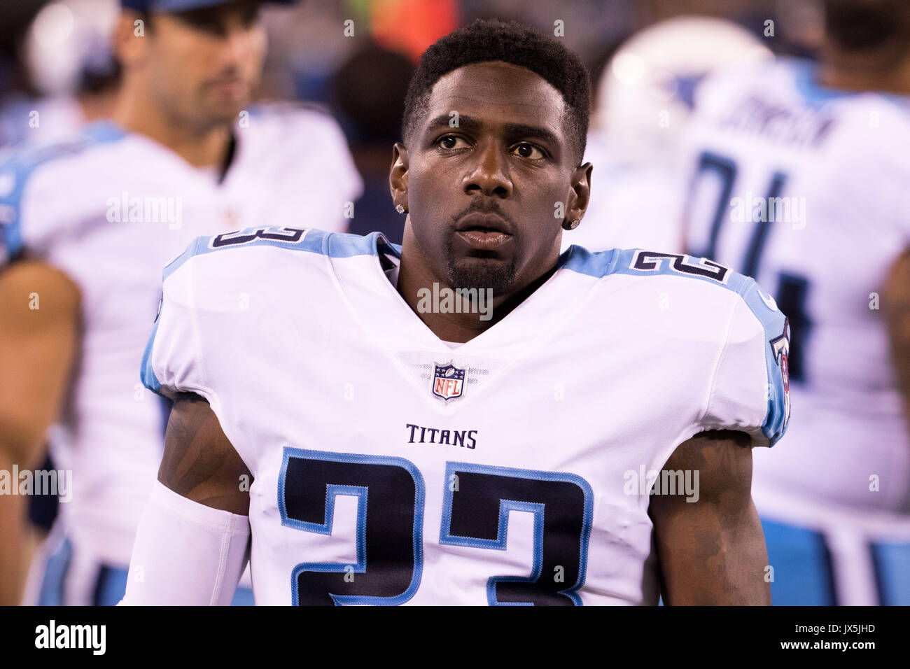 August 12, 2017, Tennessee Titans cornerback Brice McCain (23) looks on  during NFL preseason game between the Tennessee Titans and the New York  Jets at MetLife Stadium in East Rutherford, New Jersey.