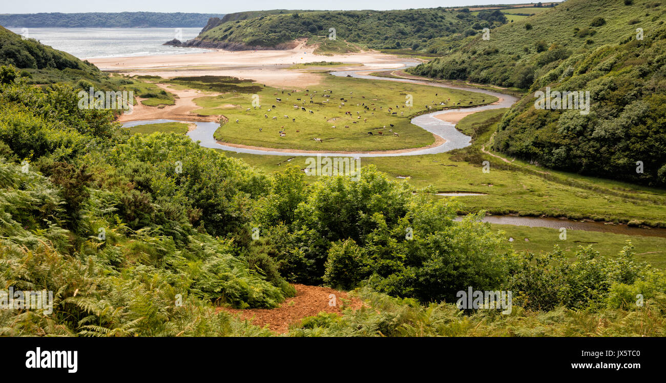 View from Pennard Castle over Pennard Pill and Threecliff Bay on the coast of the Gower Peninsula in South Wales UK Stock Photo