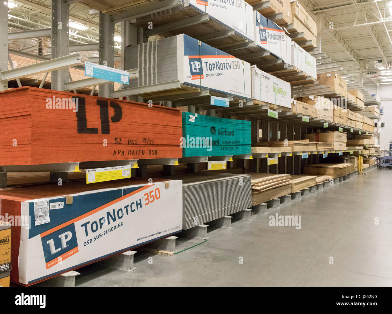 flooring wooden boards, Lowe's hardware store, Pasco, Washington State, USA Stock Photo