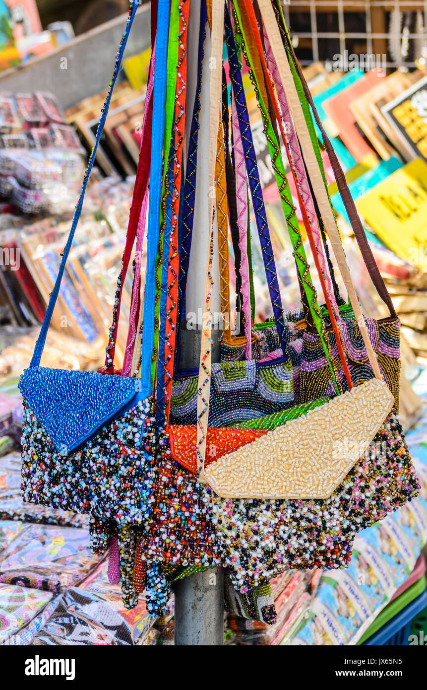 Beaded handbags for sale at the Ubud Traditional Market, Ubud, Bali. Stock Photo