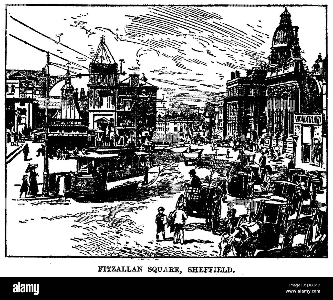 Fitzalen Square, Sheffield in 1920 with original tram system & horse and cart carriage transport Stock Photo