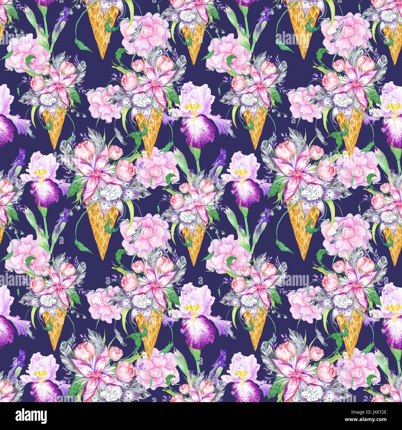 Seamless background with pink peony, lilac and iris flowers and grey feathers on deep purple background Stock Photo