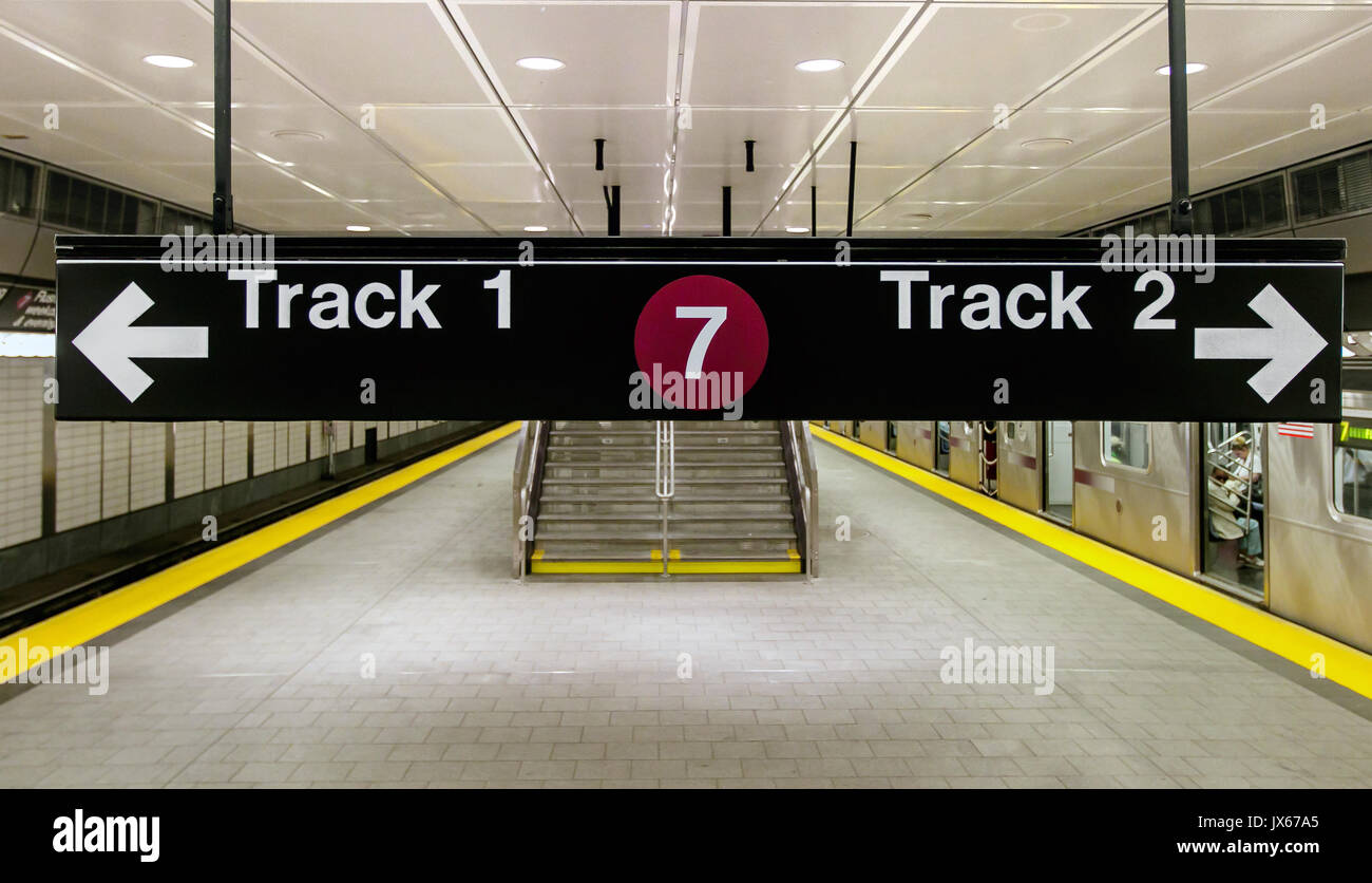 Track one and two indicator is suspended from the ceiling at Hudson Yards subway station in Manhattan. Stock Photo