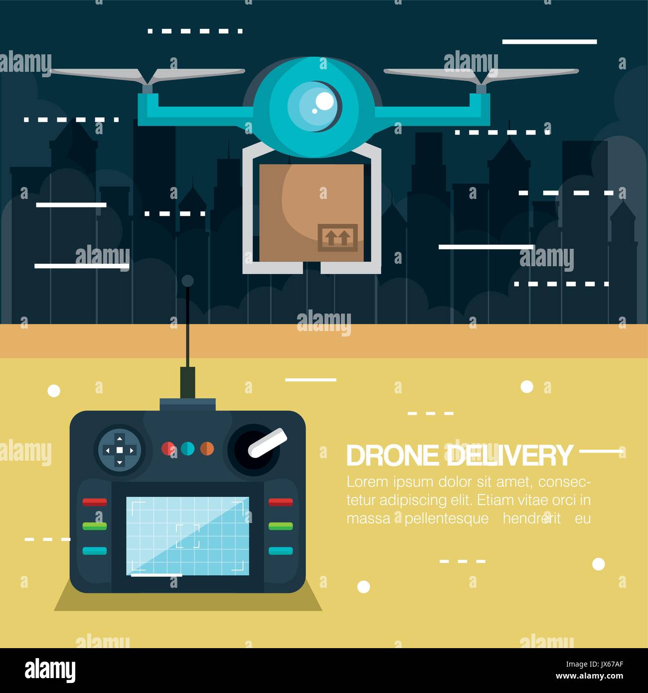 modern delivery of the package by flying drone with control vector ...