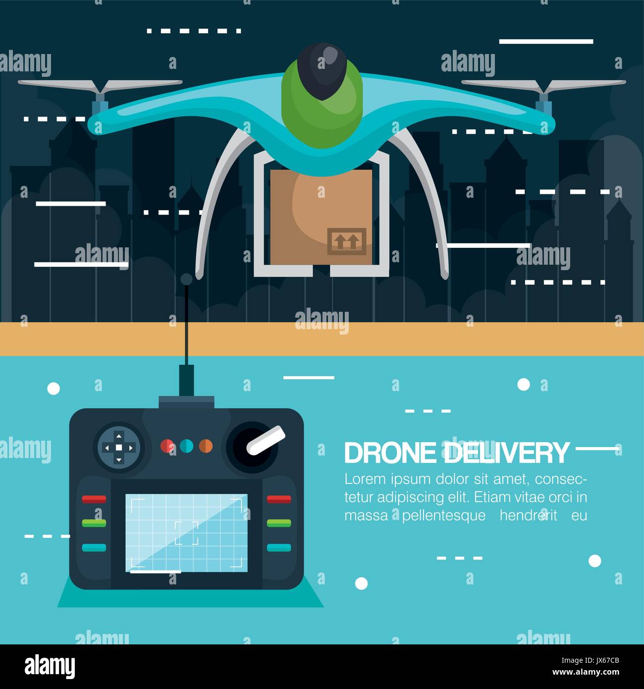 modern delivery of the package by flying drone with control vector ...