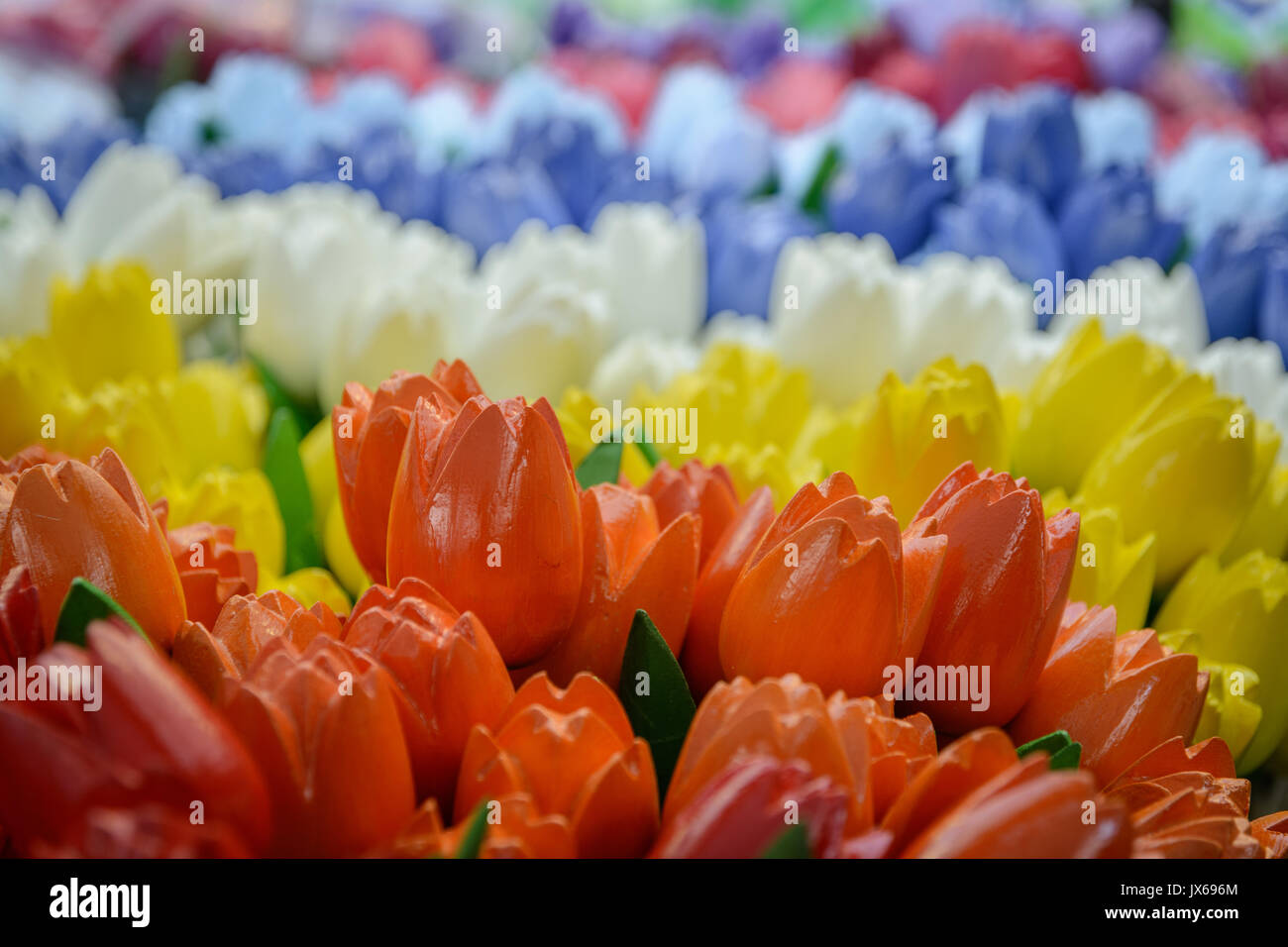 Colorful wooden tulips in Bloemenmarkt in Amsterdam. Landscape format. Stock Photo