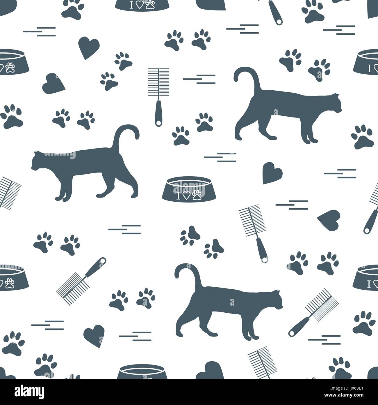 Nice pattern of silhouette walking cat, traces, hearts, bowl and comb ...