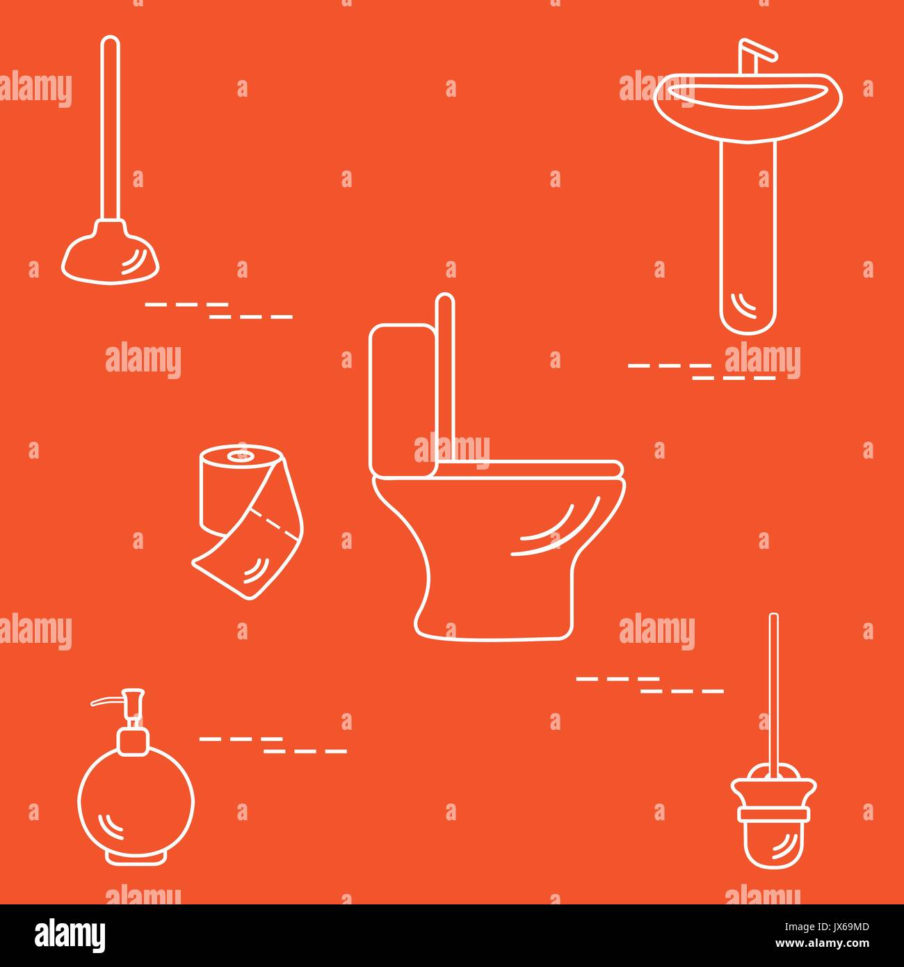 Vector illustration with toilet bowl, washbasin, toilet paper, soap