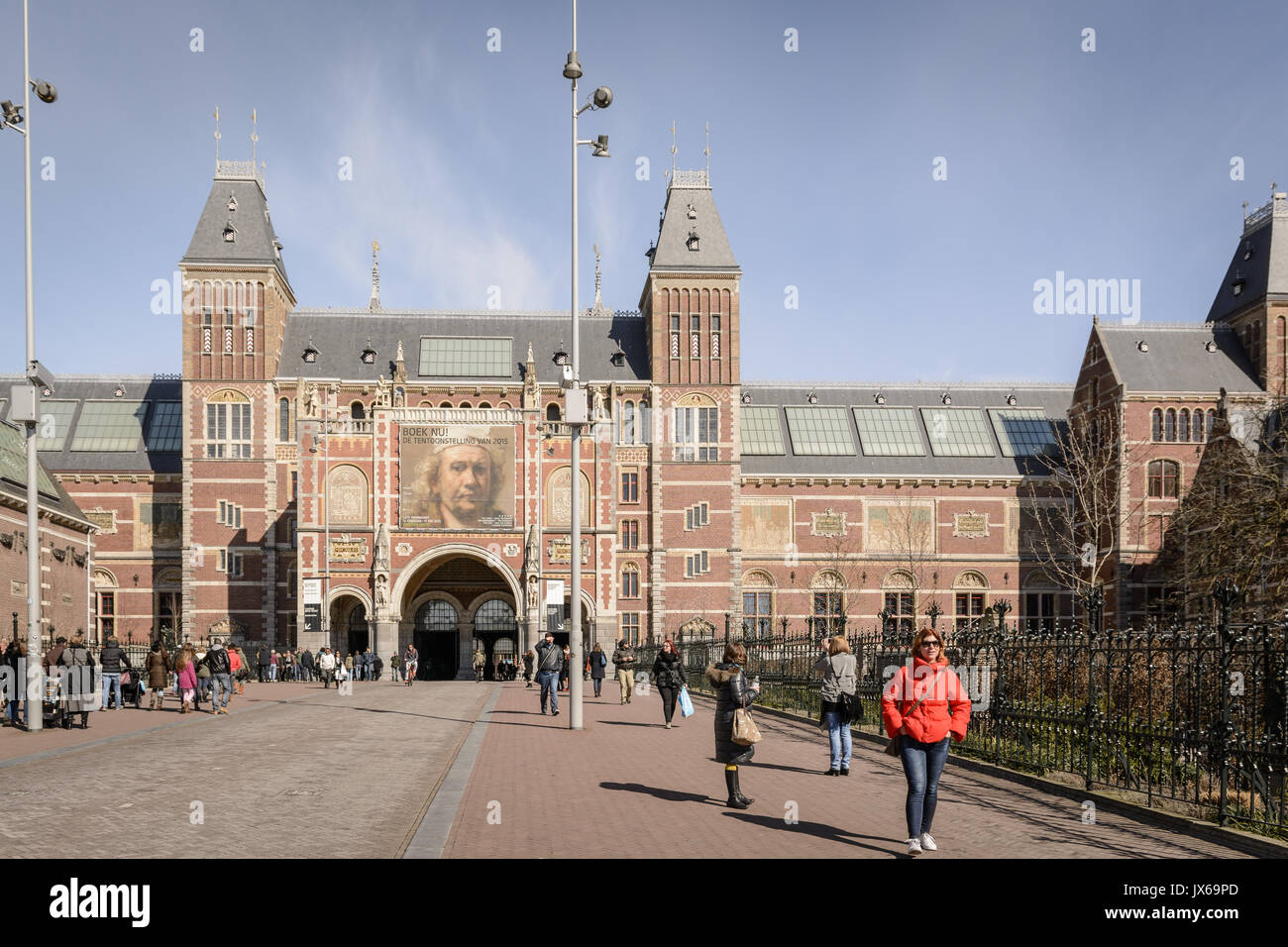 Rijksmuseum in Museumplein in Amsterdam (Netherlands). Landscape format. Stock Photo