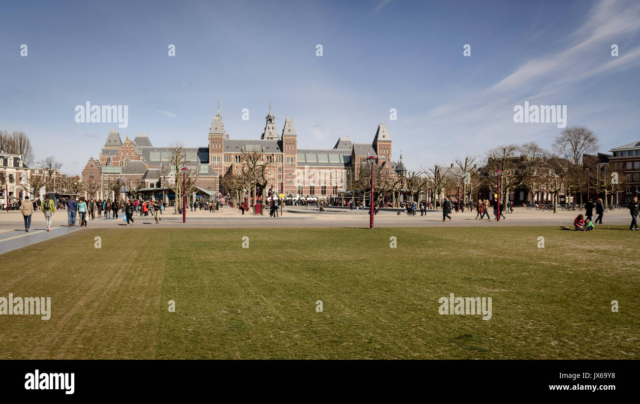 Museumplein and the Rijksmuseum in Amsterdam (Netherlands). March 2015. Landscape format. Stock Photo