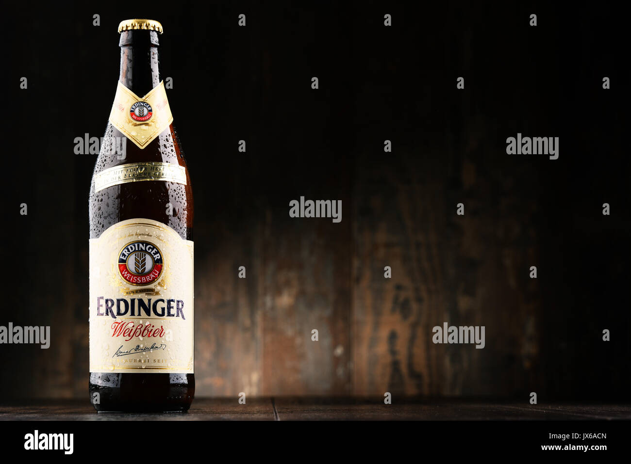 POZNAN, POLAND - JUNE 2, 2017: Widely available and popular in European Union, Erdinger is the product of the world's largest wheat beer brewery Stock Photo