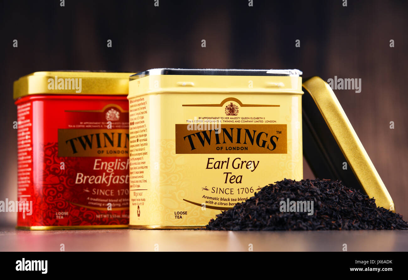 POZNAN, POLAND - JULY 7, 2017: Twinings is an English marketer of tea, located in Andover, Hampshire. The brand is owned by Associated British Foods. Stock Photo