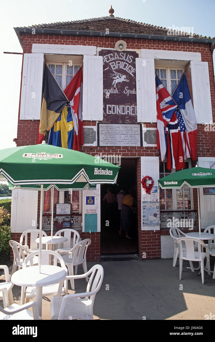 Pegasus Cafe, next to the Pegasus Bridge where there was fierce fighting by the British to keep the bridge open during the first days of the 6th of June Allied landings, Stock Photo