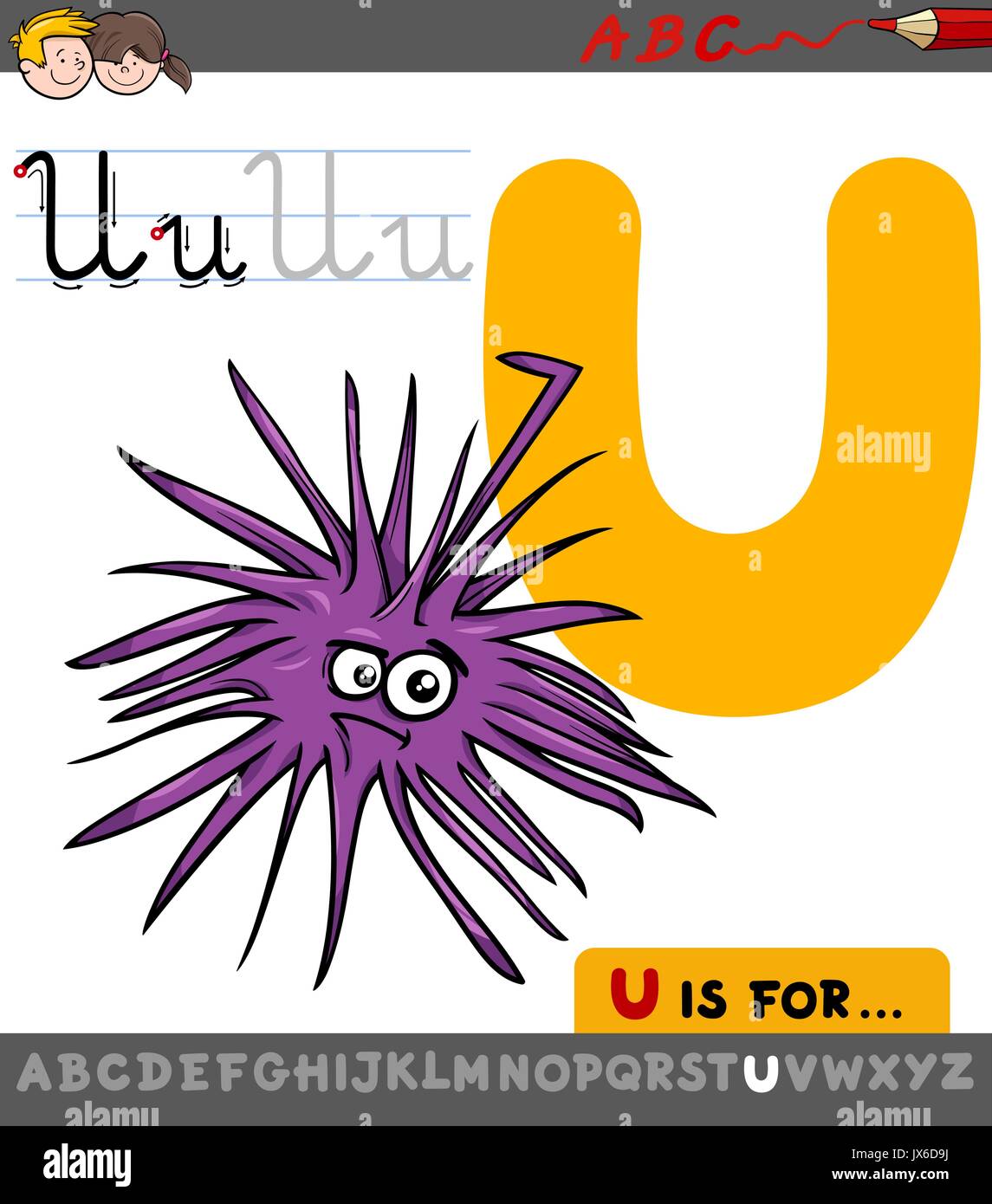 Educational Cartoon Illustration of Letter U from Alphabet with Urchin Sea  Animal Character for Children Stock Vector Image & Art - Alamy