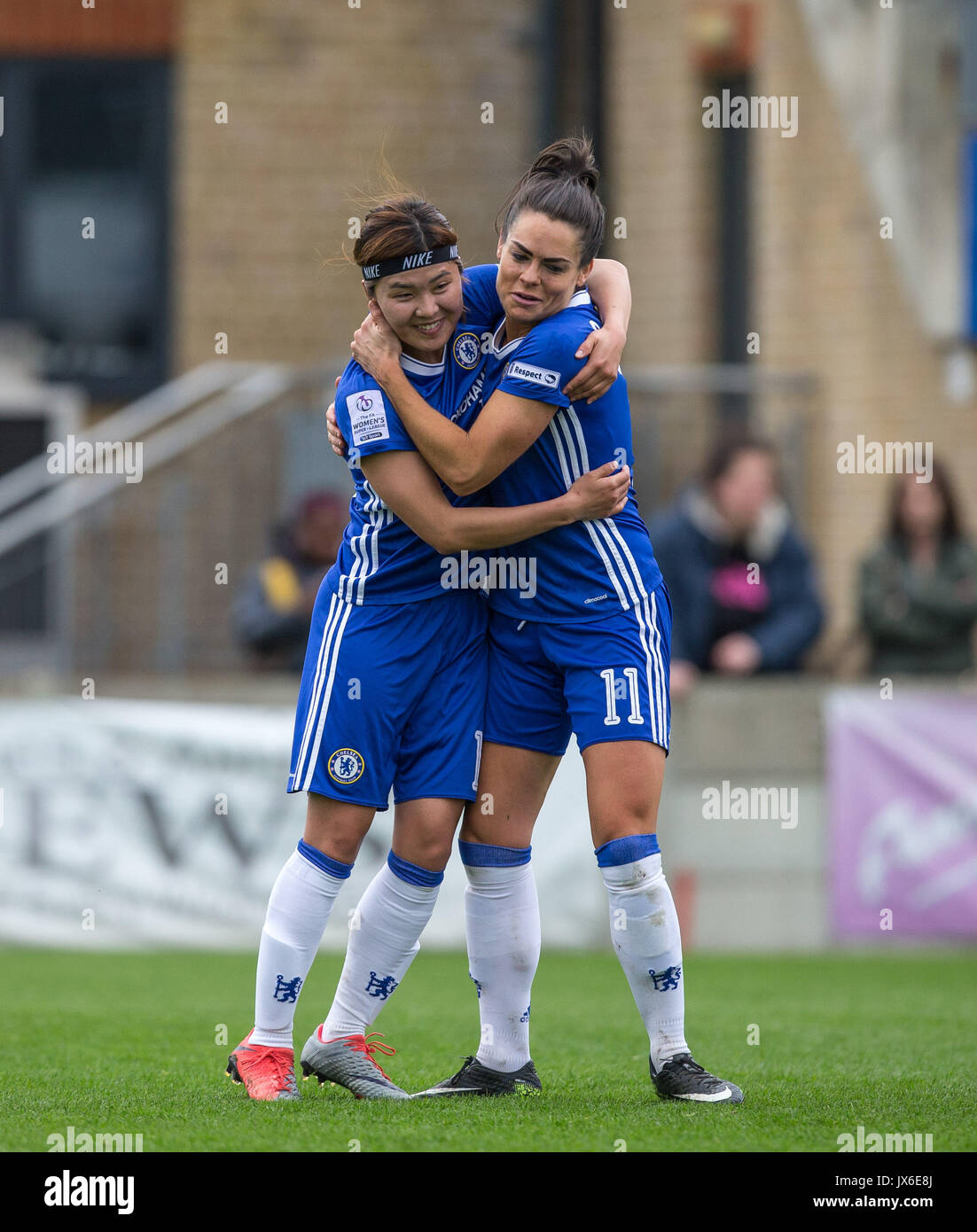 Ji So-Yun of Chelsea Ladies celebrates her first goal with teammate Claire Rafferty (right) during the Women's FA Cup match between Chelsea Ladies and Stock Photo