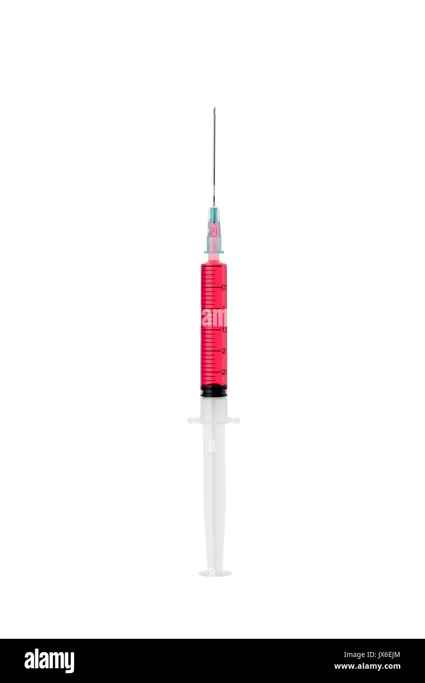 plastic syringe single used only and red vaccine isolated on white background with clipping path